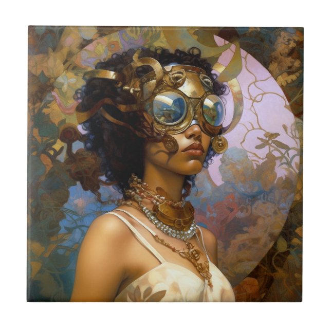 Azulejo Lady Wearing Goggles Black Fantasy Sci-Fi (Frente)
