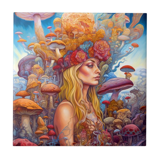 Azulejo Lady Y Mushrooms Surreal Fantasy Art (Frente)
