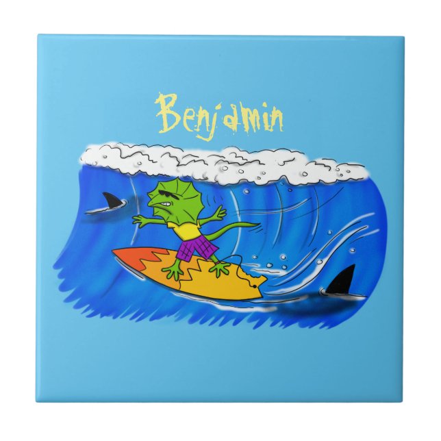 Azulejo Lagarto de cuello rizado divertido surfando en dib (Frente)