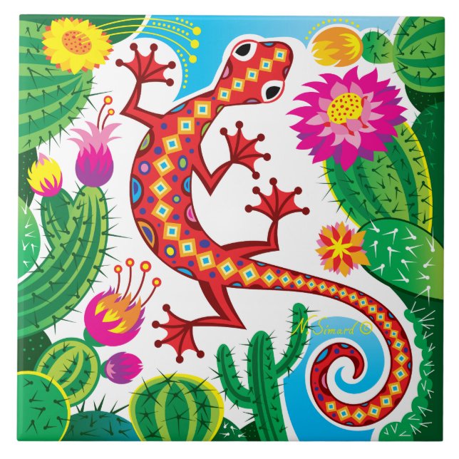 Azulejo Lagarto del Sudoeste con Flores de Cactus (Frente)
