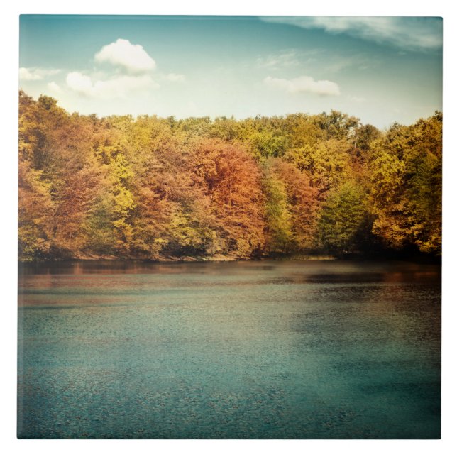 Azulejo Lago Bosque Árboles Agua Monograma Pantalla Tile (Frente)