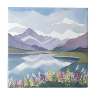 Azulejo Lago de Montaña Paisaje de Acuarela Floral