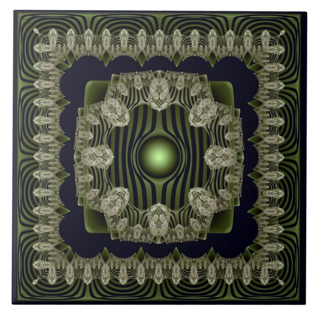 Azulejo Lámina de cerámica de patrón fractal verde ornamen (Frente)