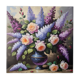 Azulejo Láminas y rosas de época en jarrón