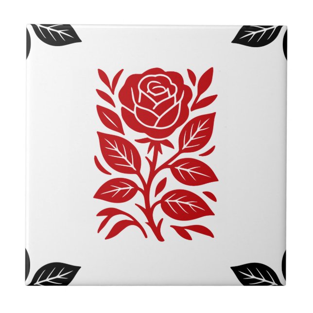Azulejo Lámpara Mínimo Floral Moderna de Rosa Rojo y Negro (Frente)