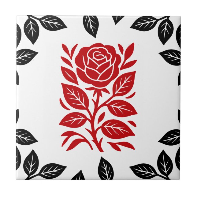 Azulejo Lámpara Mínimo Floral Moderna de Rosa Rojo y Negro (Frente)