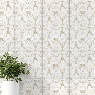 Azulejo Langostas y cangrejos costeros elegantes en beige