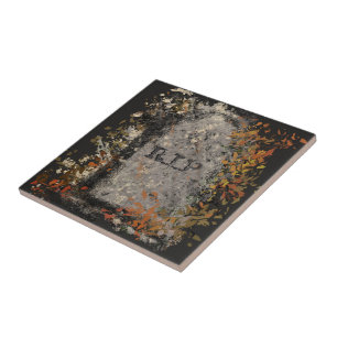 Azulejo Lápida Vintage Gótica R.I.P. y Hojas de Otoño