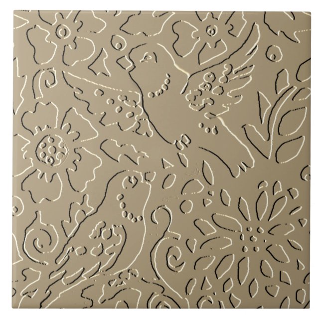Azulejo Las Aves Beige Encabezan El Foliage Floral De Wood (Frente)