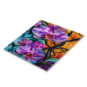 Azulejo Las orquídeas vibrantes contra un fondo colorido