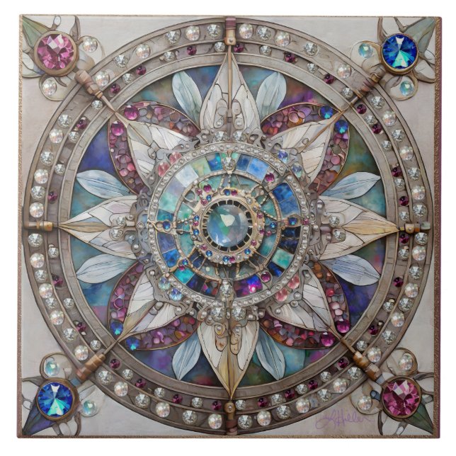 Azulejo Las perlas de los diamantes de las zafiras rosas y (Frente)