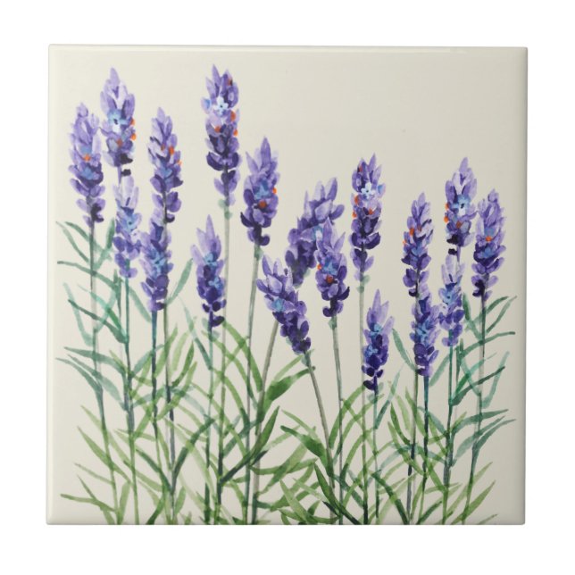 Azulejo Lavanda pintada con acuarelas de cerámica (Frente)