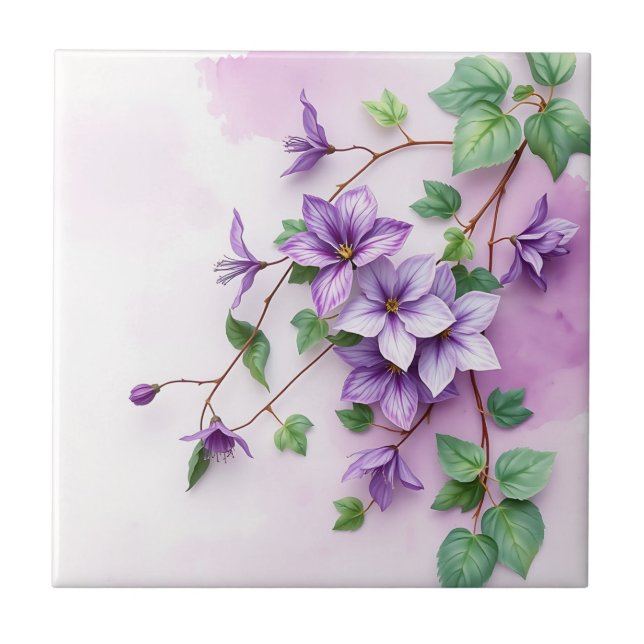 Azulejo Lavender Clematis Vine Watercolor (Frente)