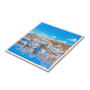 Azulejo ldp MYKONOS - barcos de pesca - puerto - panorama