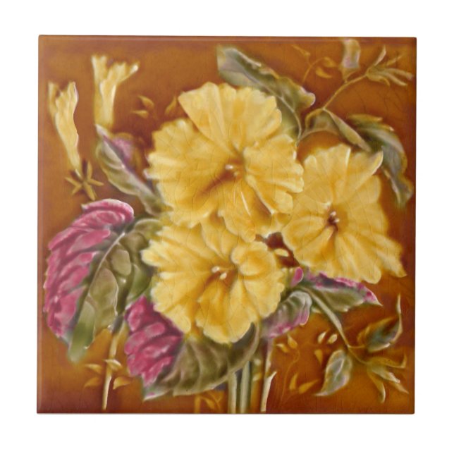 Azulejo Lea Boulton Yellow Floral Repro Faux Relief, años  (Frente)