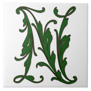 Azulejo Leaf Letter N in Green Monogram Tile