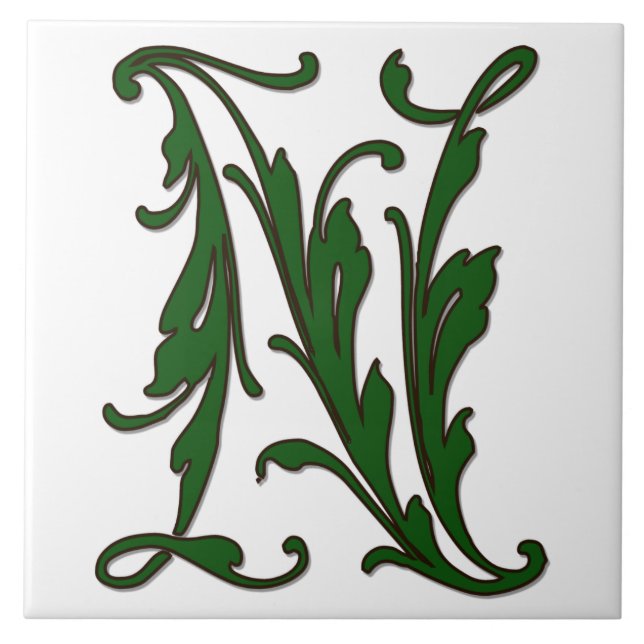 Azulejo Leaf Letter N in Green Monogram Tile (Frente)