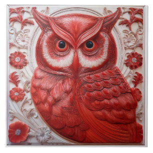 Azulejo Lechuza Art Nouveau de relieve falso rojo
