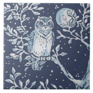 Azulejo Lechuza blanca azul clásica, arte nocturno forest