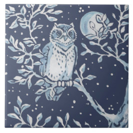 Azulejo Lechuza blanca azul clásica, arte nocturno foresta