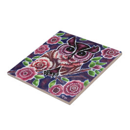 Azulejo Lechuza caprichosa sobre la rama florida azul rosa