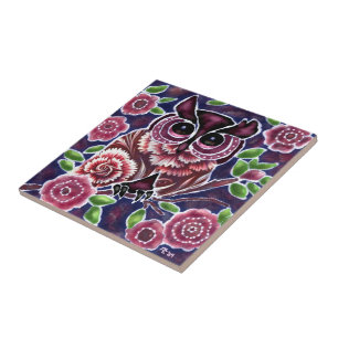Azulejo Lechuza caprichosa sobre la rama florida azul rosa