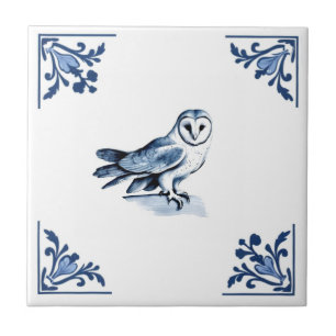 Azulejo Lechuza de grano con bosque Delft Blue and White C