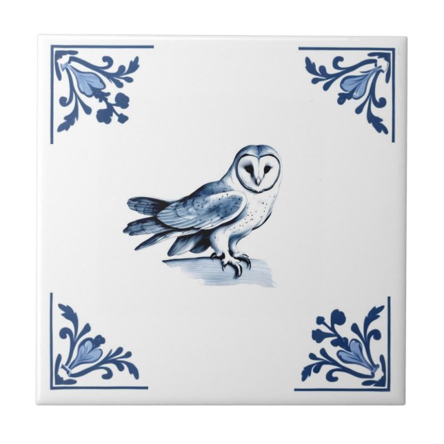 Azulejo Lechuza de grano con bosque Delft Blue and White C (Frente)