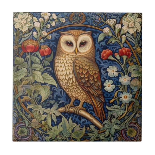 Azulejo Lechuza en el jardín estilo William Morris (Frente)