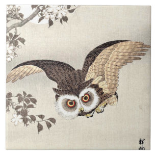 Azulejo Lechuza, flores de cerezo y luna japonesa