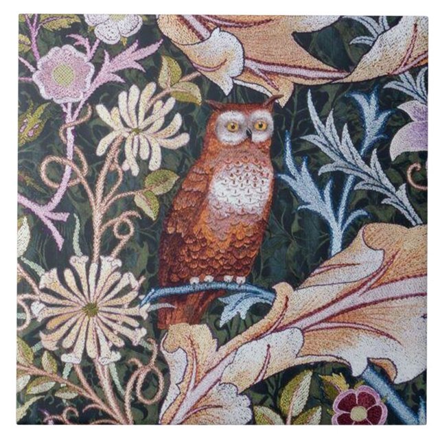 Azulejo Lechuza y flores, tela cerámica William Morris (Frente)