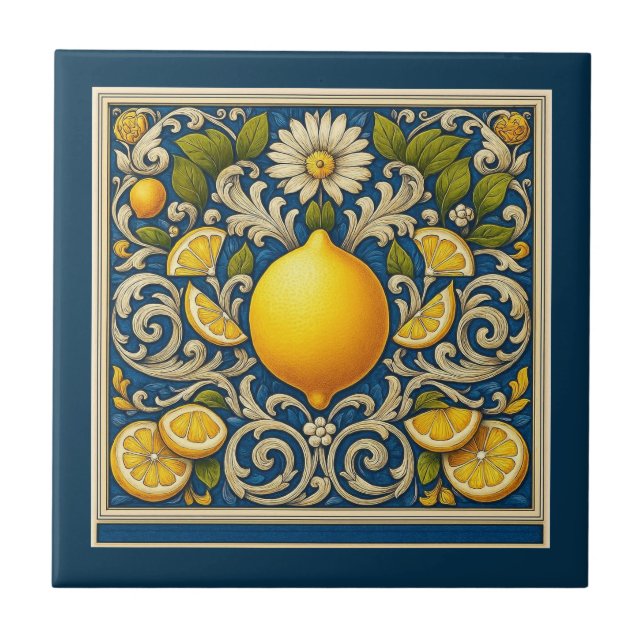 Azulejo Lemon Almafi Blue Mediterranean Art Nouveau (Frente)