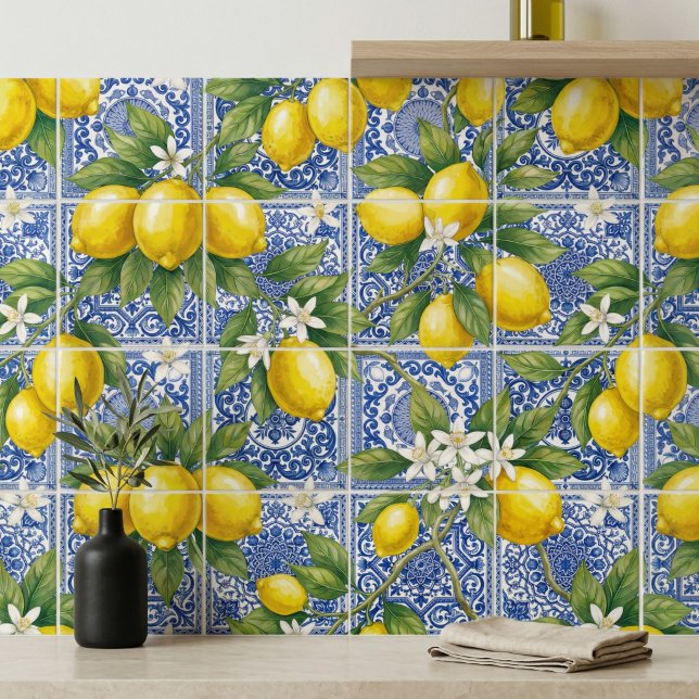 Azulejo Lemon Blue French Country Watercolor (Subido por el creador)