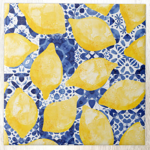 Azulejo Lemon Watercolor Mediterráneo Azul Tile Blanco