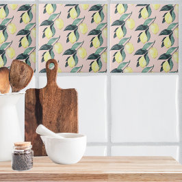 Azulejo Lemones acuarelas y hojas patrón amarillo Seamless