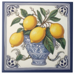 Azulejo Lemones azules y amarillos vintage de arte limoner