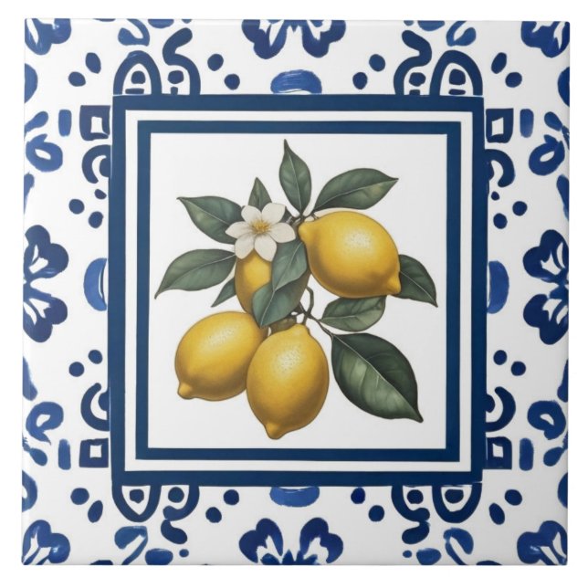 Azulejo Lemons Blue and White Tribal Folk Art Pattern (Frente)