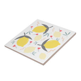 Azulejo Lemons Floral Botánica Flores Rojas Patrón de hoja