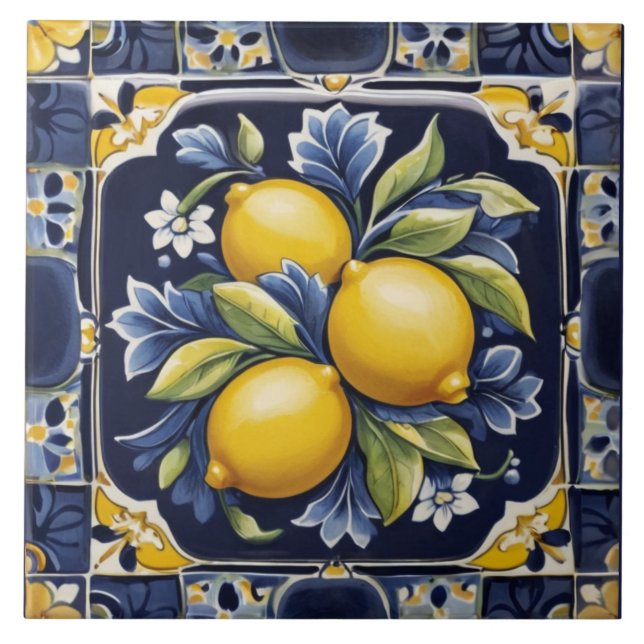 Azulejo Lemons Mediterranean Dark Blue Italian Folk Art (Frente)