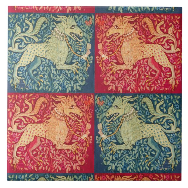 Azulejo León BESTIARIO MEDIEVAL como la bestia en el rojo  (Frente)