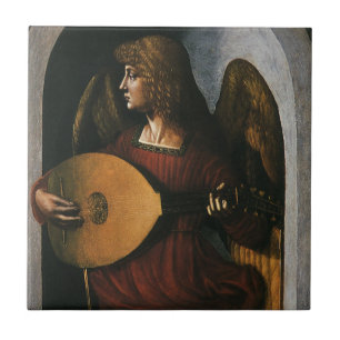 Azulejo Leonardo da Vinci un ángel en rojo con un lute