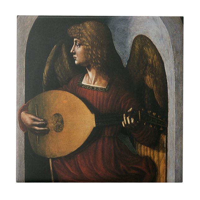 Azulejo Leonardo da Vinci un ángel en rojo con un lute (Frente)