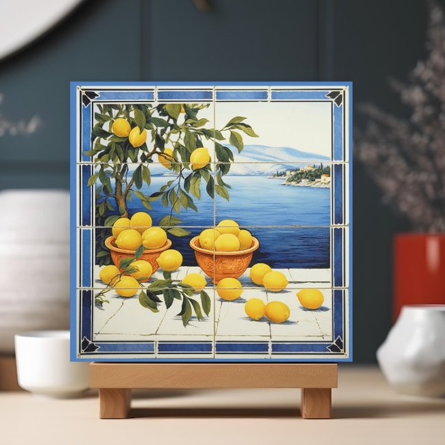 Azulejo Leones de Grecia (A ceramic tile showing a Grecian landscape with lemons is shown in a display stand.)
