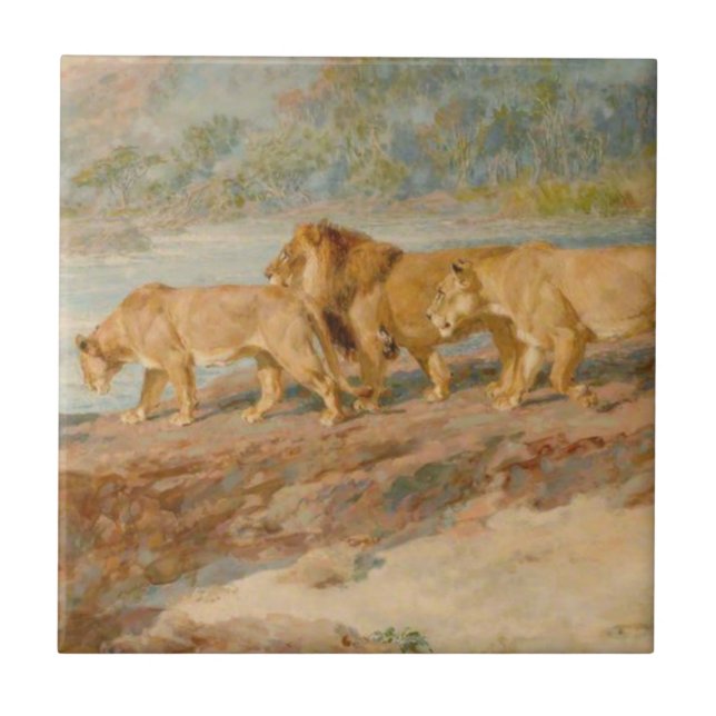 Azulejo Leones en la ribera de un río africano (Frente)