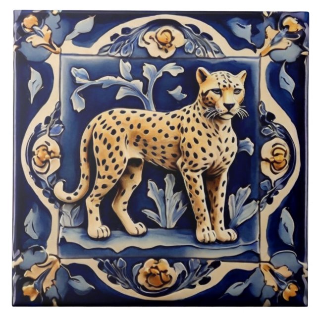 Azulejo Leopard Cheetah African Safari Animals Marina Azul (Frente)