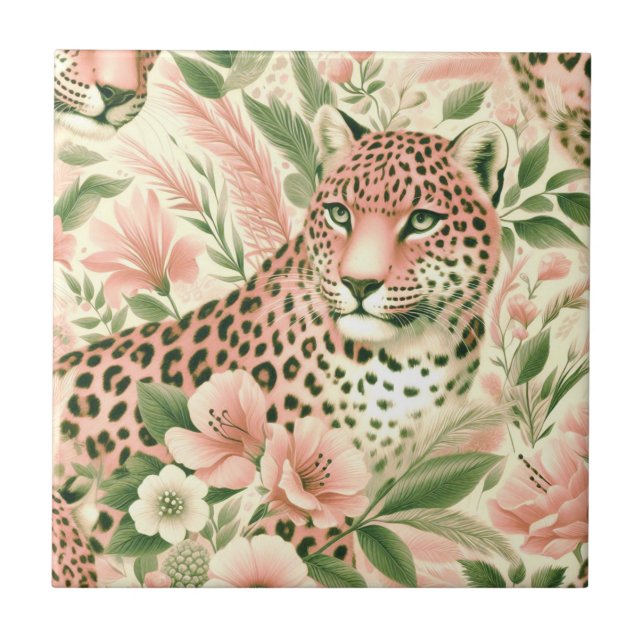 Azulejo Leopardo de la selva floral vintage (Frente)