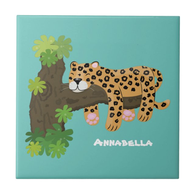 Azulejo Leopardo lindo durmiendo en un ilustracion de pers (Frente)