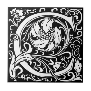 Azulejo Letra C art nouveau tile blanco y negro