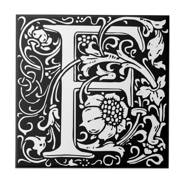 Azulejo Letra F art nouveau mosaico blanco y negro (Frente)