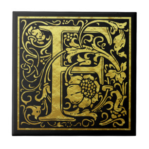 Azulejo Letra F primera letra Faux Gold Black